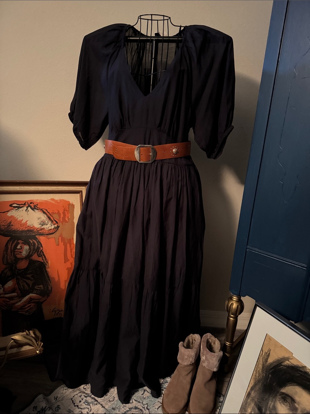 Women's Navy V-Neck Puff Sleeve Maxi Dress